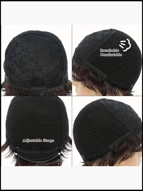 Human Hair Pixie Wig with Bangs Glueless Short Wavy Bob Hair Replacement